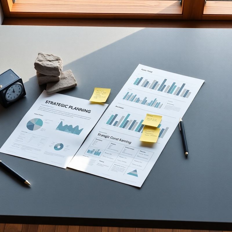 Strateški dokumenti in KPI grafi na delovni mizi